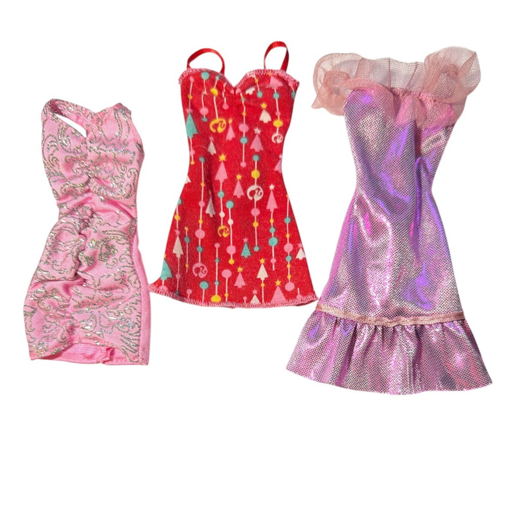 Lot of 3 Barbie Doll Fashionistas Dresses Outfits: Pink Christmas Purple Shimmer